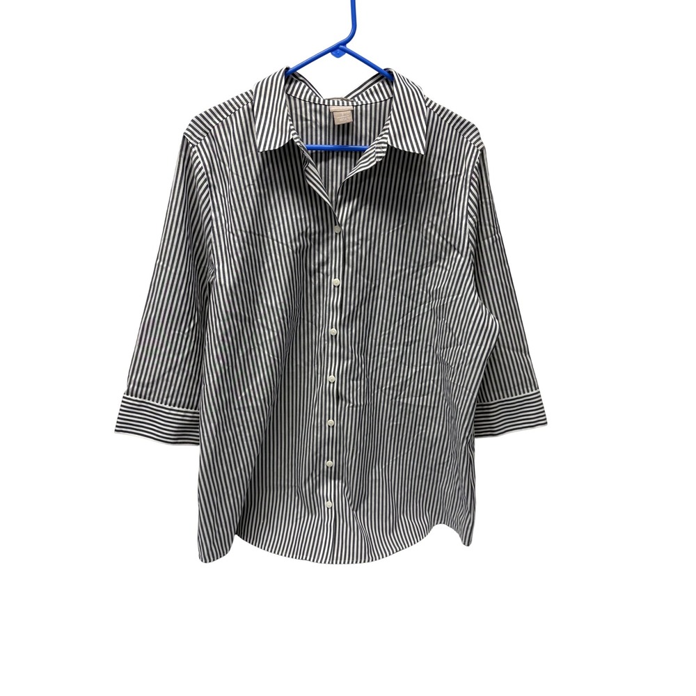 Chico's No Iron Striped Button Down Shirt Womens 3 (XL/16) 3/4 Sleeve